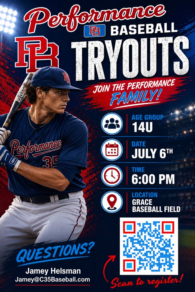 ThreeFiveFamily's tweet photo. 🚨14u Tryouts announced🚨

Performance C35 will be holding (Fall) tryouts for 14u eligible players July 6 at Crusader Park at Grace Christian School.  Scan the QR code to register today. 
@Performance_X2 https://t.co/64WVT1nTab