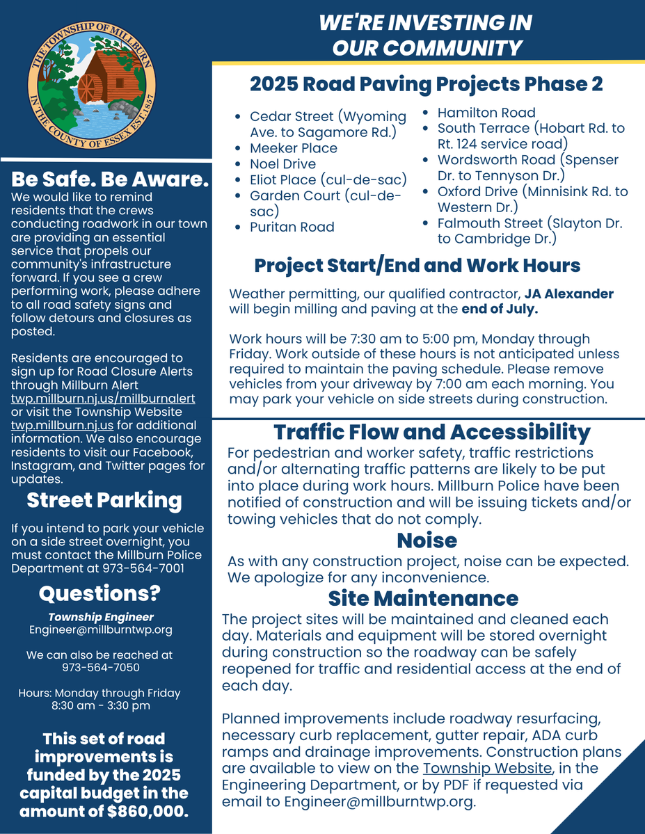 millburntwp's tweet photo. Be advised, our qualified contractor, JA Alexander will be milling and paving at the end of July. Work hours will be 7:30 am to 5:00 pm, M-F. Drive cautiously and follow all road signs/detours.

Visit the Township website for more information https://t.co/XRIt1MjvWs https://t.co/54bK0DDtTR