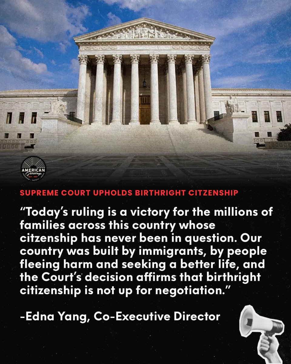 amergateways's tweet photo. BREAKING: The Supreme Court upholds birthright citizenship. This is a major victory today for millions of families across the country. Birthright citizenship is NOT up for negotiation! 👏🏽

#SupremeCourt #SupremeCourtRuling #BreakingNews #AmericanGateways https://t.co/zFjFYGlC0D