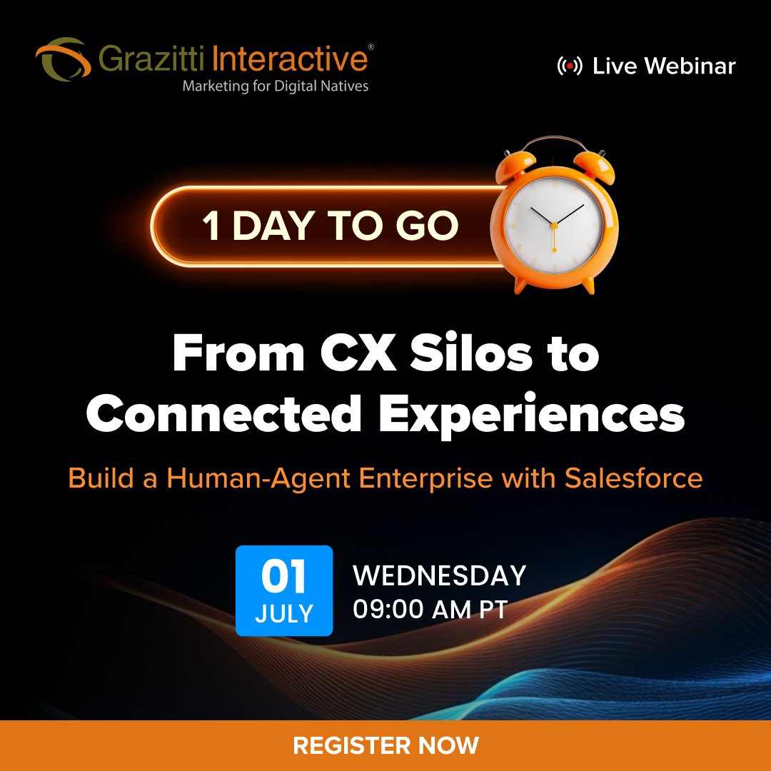 Grazitti's tweet photo. Just 1 day to go.

Tomorrow, Salesforce and Grazitti experts will explore the next evolution of customer experience and how leading enterprises are building a new Human + Agent operating model.

Reserve Your Spot! https://t.co/U6tEXvX6n9

#CustomerExperience #Data360 #Grazitti https://t.co/l6pAAAQ5Ks