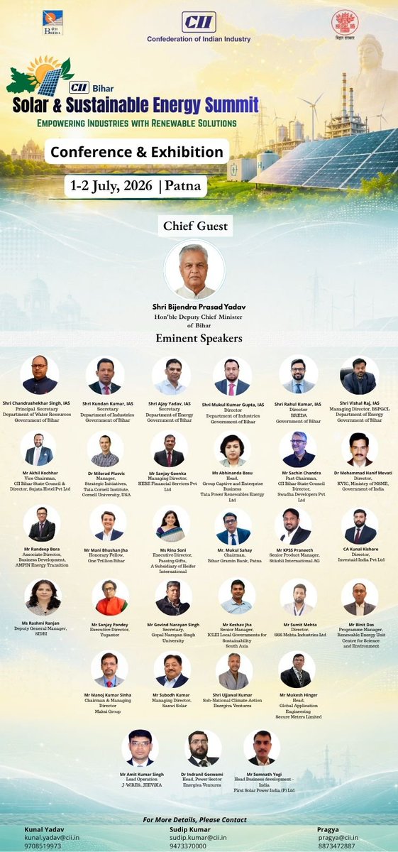 IndexBihar's tweet photo. Tomorrow in Patna!

The CII Bihar Solar & Sustainable Energy Summit 2026 brings together policymakers, industry leaders, investors and renewable energy innovators to discuss the future of clean energy in Bihar.

If you're interested in the sector, don't miss this opportunity.

📍 1–2 July 2026 | Patna