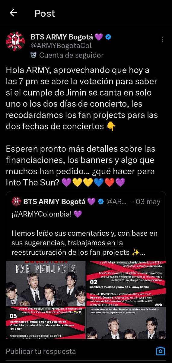 Yoonies09's tweet photo. @ARMYBogotaCol Holaa! Cómo están?  Una pregunta, para into the sun al final se va a hacer un proyecto? Hace unos días en uno de sus Post publicaron algo respecto a eso. Quisiera saber si al final se va a realizar algo :) https://t.co/u4D90nW6y9