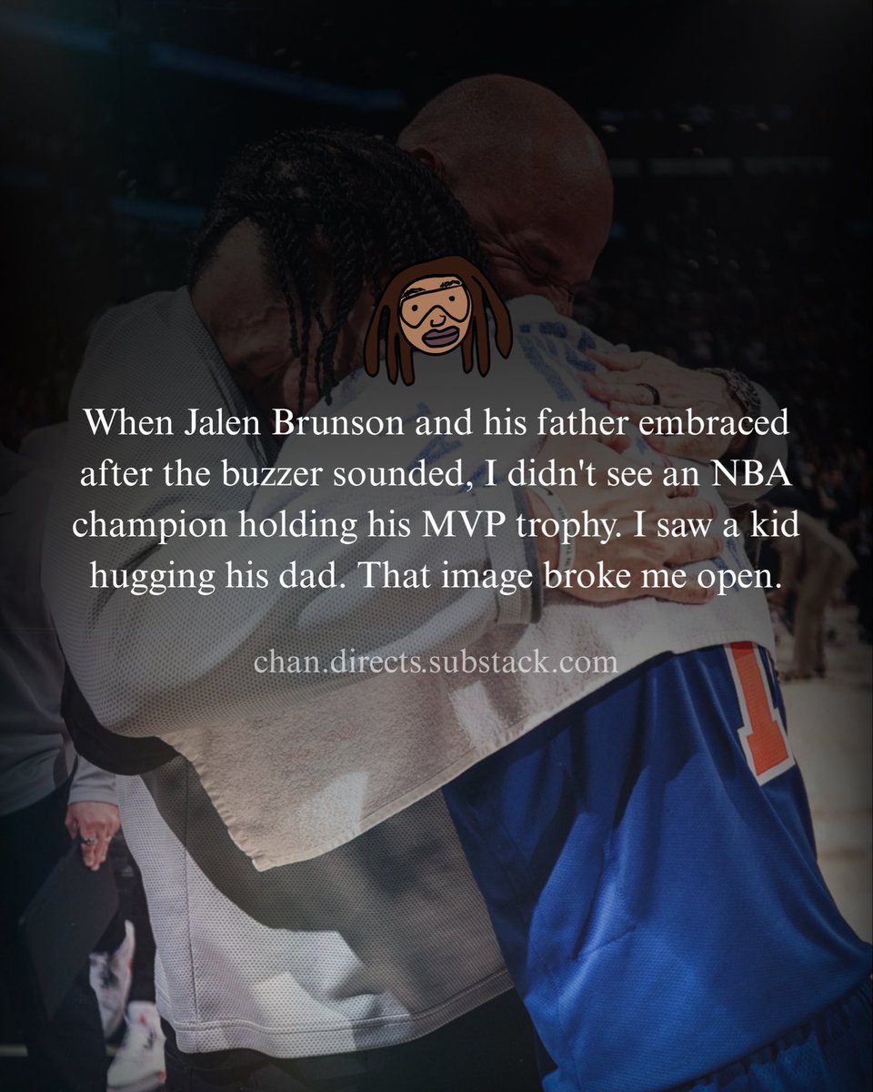 chandonae's tweet photo. I saw a kid hugging his dad.

That’s what the Knicks championship was really about.

54 years. One hug. A storybook ending.

Wanted this out by Father’s Day, but better late than 
never.

The new essay is live. Link in bio. https://t.co/zNOJk7yKKb