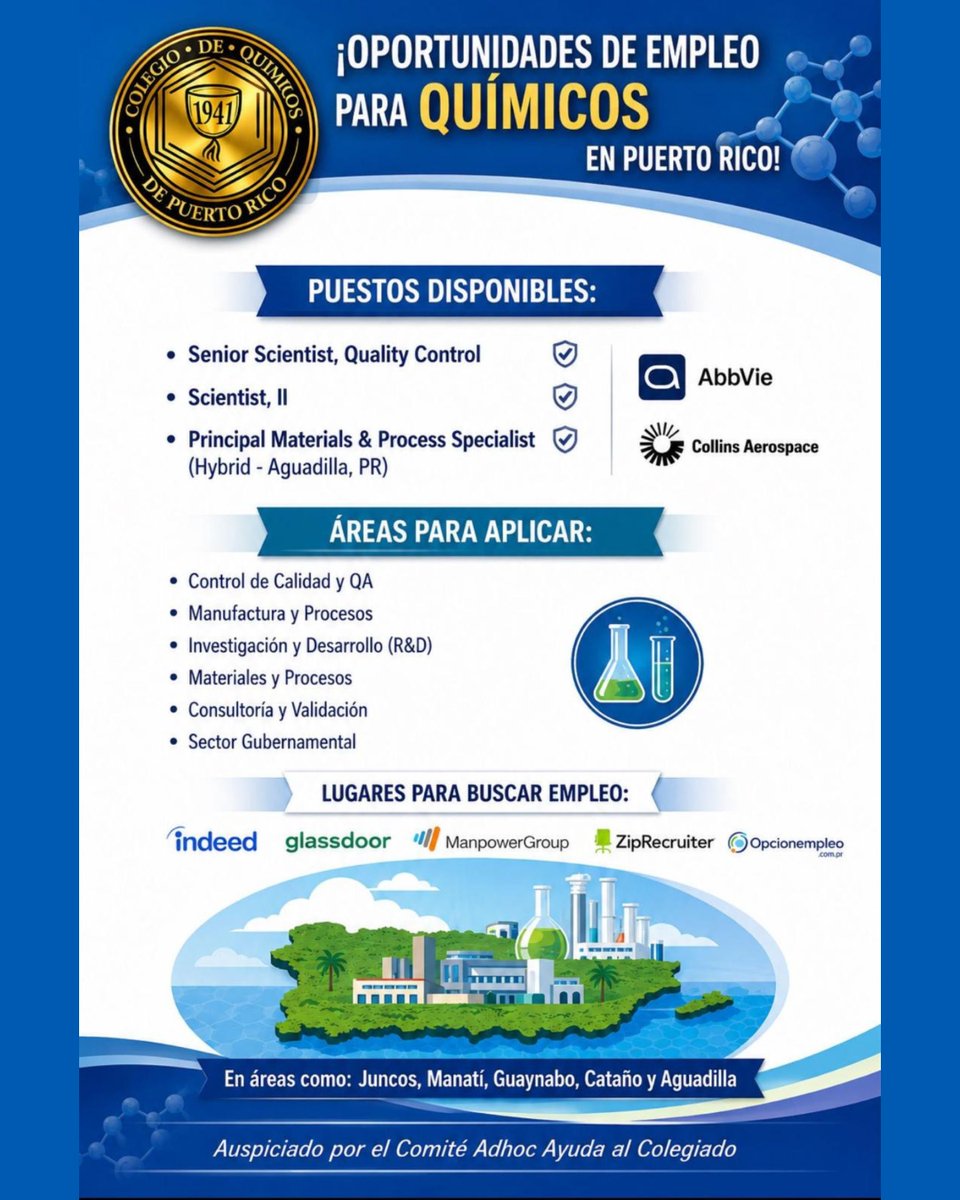 CQPR1941's tweet photo. ¡Oportunidades de empleo para QUÍMICOS en PR! 🧪🇵🇷

El Colegio de Químicos te comparte vacantes en: 🔹 AbbVie y Collins Aerospace🔹 Áreas: QA/QC, R&amp;D, Manufactura 📍 Juncos, Manatí, Guaynabo, Cataño y Aguadilla
¡Chequea la imagen para más detalles e impulsa tu carrera! 👇 https://t.co/cDUYSrYLTM