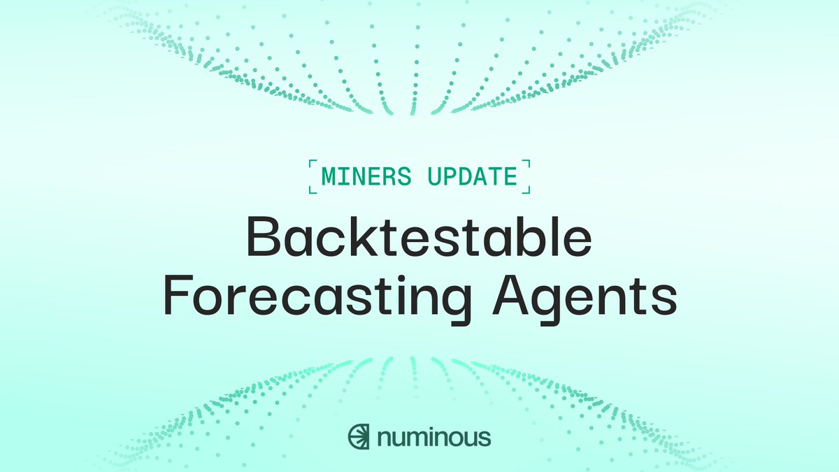 numinous_ai's tweet photo. 𝐌𝐢𝐧𝐞𝐫𝐬 𝐮𝐩𝐝𝐚𝐭𝐞: Numinous is making forecasting agents truly backtestable.

As announced last week, LunarCrush, Unusual Whales, and Public Data Proxies are being removed from the gateway. 

Going forward, miners will use Numinous Signals and Numinous Indicia, both of which are backtestable.

This means agents can be tested against historical information without leaking future data, making it easier to know how a forecasting strategy would have performed at a specific point in time.

We are also introducing difficulty-adjusted scoring. Numinous has built a baseline forecasting agent that consistently scored top 2 in backtests, and miners will now need to beat this baseline to earn incentives.

Miner code will also remain private for 2 weeks as we move toward longer privacy windows and eventually privacy-preserving execution.

With this update, Numinous is focused on three things: backtestable data, stronger scoring, and private miner code.

All of this strengthens the infrastructure for better forecasting agents.