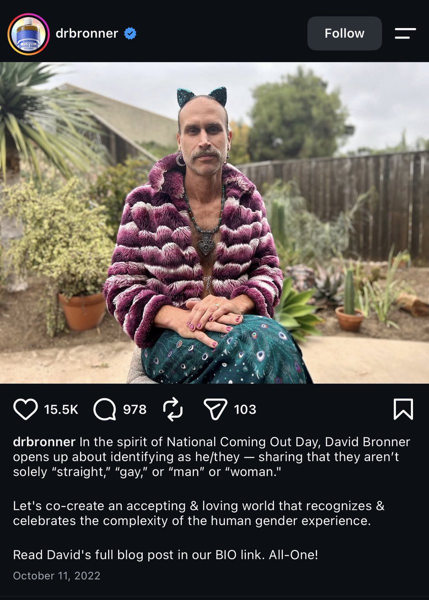 unhealthytruth's tweet photo. Before I got banned, Dr. Bronner’s used to follow me and comment on my page. Now I’m wondering… do any of you still buy their products after the CEO came out as part woman, part man, and part low key cat?

What the hell is happening with the leaders of the natural health movement lately? 😭