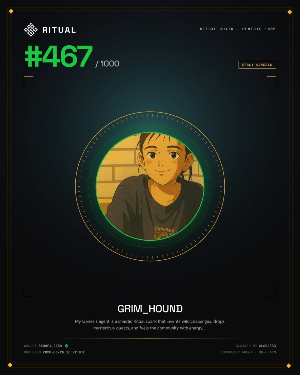 localoc13's tweet photo. Honored to be #467 in the Ritual Chain Genesis 1000.

One of the first 1,000 builders to deploy a sovereign autonomous agent on the @ritualnet  testnet.

Excited to keep building, experimenting, and exploring what's possible with sovereign AI.

This is just the beginning. ❖ https://t.co/4TaagXSZV9