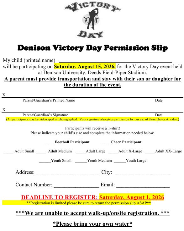 DUFootball's tweet photo. Denison Football is hosting Victory Day on August 15! Victory Day will provide children who have cognitive and/or physical impairments the opportunity to play football or cheer &amp; have their “moment in the sun." Please see the images for more info &amp; the permission slip to register https://t.co/pyJN2OvBip