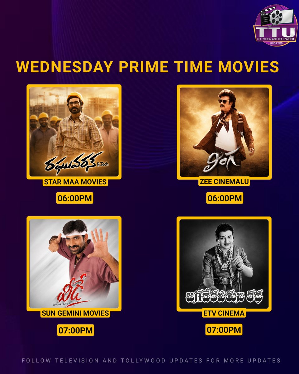 TTUpdates360's tweet photo. Wednesday Prime Time Movies

#RaghuvaranBTech #Lingaa #Veede #JagadekaveeruniKatha https://t.co/huTp3Gp2UU