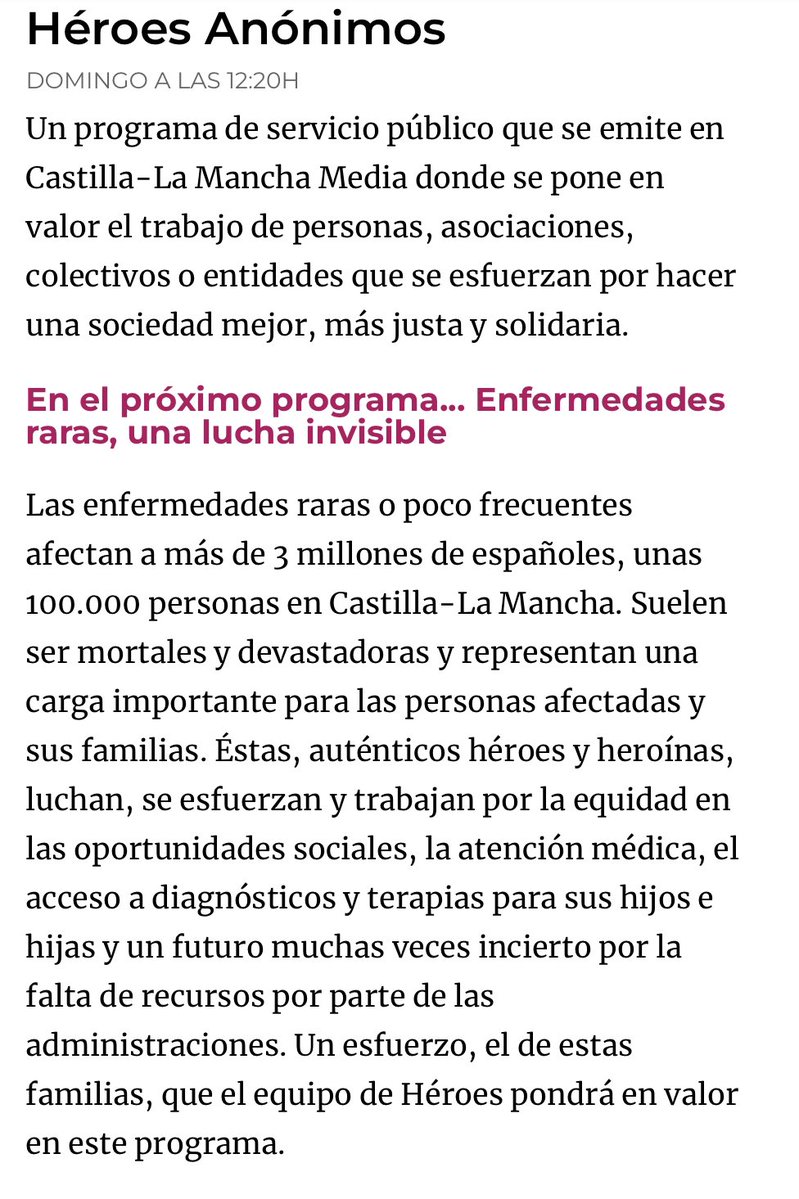 NoInvisibles's tweet photo. Este domingo 5 sobre las 12.20 en @CMM_es 
“ENFERMEDADES RARAS, UNA LUCHA INVISIBLE.”💚💜
Las #EERR o poco frecuentes afectan a más de 3 millones de españoles, unas 100.000 personas en Castilla-La Mancha.
Pueden ser devastadoras y representan una carga importante para las personas afectadas y sus familias, que luchan, se esfuerzan y trabajan por la equidad en las oportunidades, la atención médica, el acceso a diagnósticos y terapias para sus hijos e hijas, con un futuro muchas veces incierto por la falta de recursos por parte de las administraciones. Un esfuerzo, que el equipo de #HéroesAnónimos pondrá en valor en este programa.💪
Dirigido por @juliancanocmt 👇
https://t.co/ugHb3Gx5qd