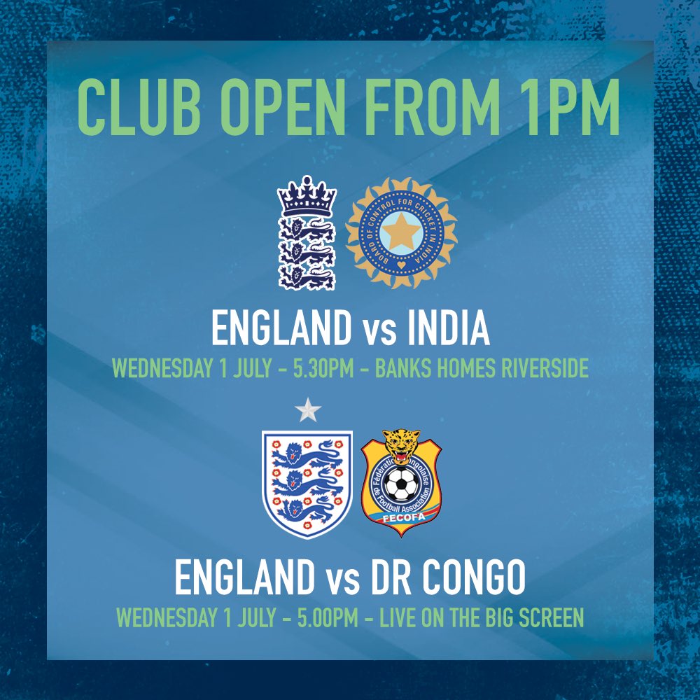 clscricketclub's tweet photo. 🏴󠁧󠁢󠁥󠁮󠁧󠁿 Double-header this Wednesday!

🏏 England 🆚 India (5:30pm)
⚽ England 🆚 DR Congo (5pm)

🍻 Club open from 1pm
📍 Chester-le-Street Cricket Club

📺 Watch it all live with us! https://t.co/pmBOxad1Lh