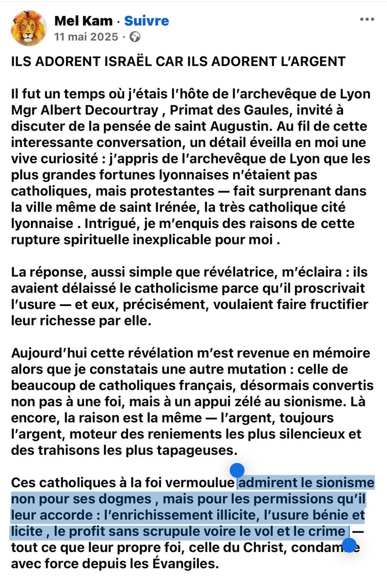 SwordOfSalomon's tweet photo. 🚨🇩🇿 SIGNALEMENT : Kamel Mellouk, citoyen algérien 🇩🇿🇫🇷 résidant à Tassin-la-Demi-Lune (métropole de Lyon), est le président de la société de coursiers FRANCE HELP INDUSTRIE et surtout le propriétaire du compte Facebook Mel Kam, suivi par plus de 307 000 abonnés.

Dans une publication célébrant la mort du rabbin Ron Chaya z”l, Kamel Mellouk reprend et généralise des stéréotypes antisémites en opposant les Juifs aux « goyim », en parlant de "ceux qui se proclament élus...de race privilégiée"

Sa page est truffée de contenus antisémites : mise dos à dos des Juifs et des chrétiens, reprise des pires clichés sur les Juifs et l’argent (usure, cupidité, profits sans scrupules…), glorification de terroristes du Hamas, mensonges sur le Talmud, nazification des Juifs, et bien d’autres horreurs.

⚠️ @MetaFrance continue pourtant de recommander cette page à des centaines de milliers d’utilisateurs.

Il est temps de mettre un nom et un visage sur l’auteur de ces publications antisémites.

⚖️🚔 @prefetrhone @Interieur_Gouv @Association_OJE @LICRA @ActionsAvocats @ObservatoireOjf