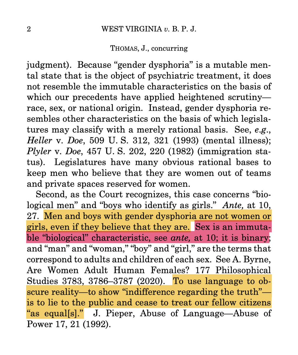 SwipeWright's tweet photo. Right into my veins!💉

Justice Thomas:

"Men and boys with gender dysphoria are not women or girls, even if they believe that they are. Sex is an immutable 'biological' characteristic...it is binary."

"To use language to obscure reality—to show 'indifference regarding the truth'—is to lie to the public..."