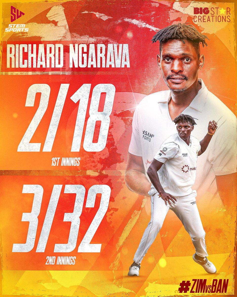 Stemsports1's tweet photo. Richard Ngarava leading from the front as skipper. Rich took 2/18 in the first innings and 3/32 in the second to power Zimbabwe to victory vs Bangladesh. 🔥🏏

#RichardNgarava #ZIMvsBAN #BSC #OneTeamOneDream #StemSports https://t.co/0qutElvVot