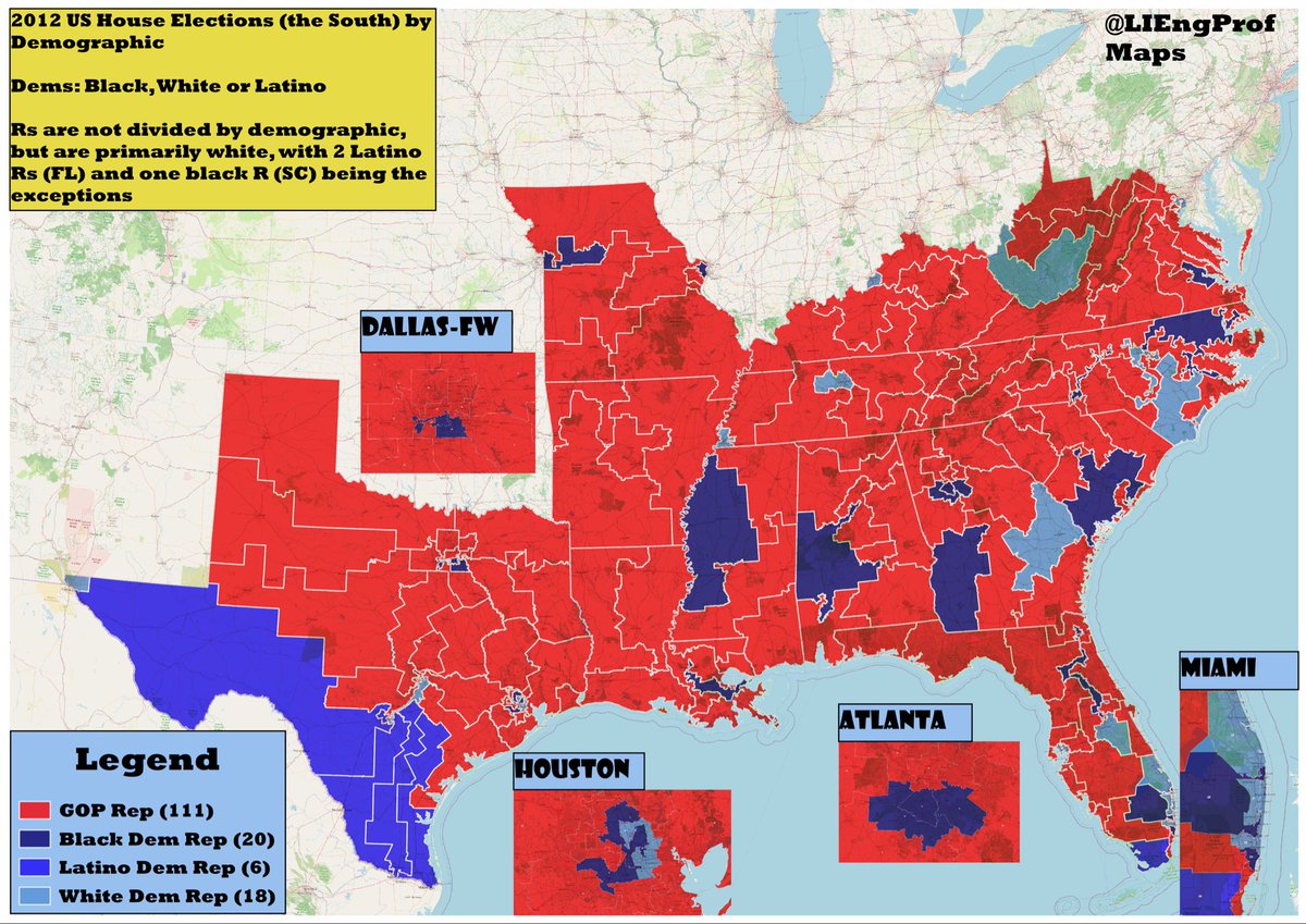 LIEngProf's tweet photo. Things would rapidly change in the South in the 20 years after this election. White Dems rapidly retired or lost reelection, reducing them to mainly a party of black/Latino voters in the region.

The few white Dems left mostly represent heavily minority districts. https://t.co/Q60GEhd1L5