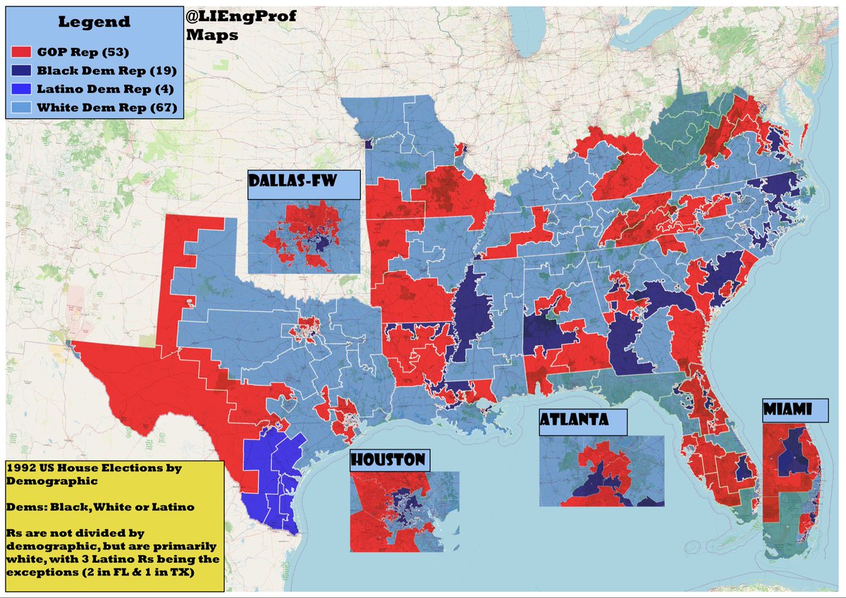 LIEngProf's tweet photo. Things would rapidly change in the South in the 20 years after this election. White Dems rapidly retired or lost reelection, reducing them to mainly a party of black/Latino voters in the region.

The few white Dems left mostly represent heavily minority districts. https://t.co/Q60GEhd1L5