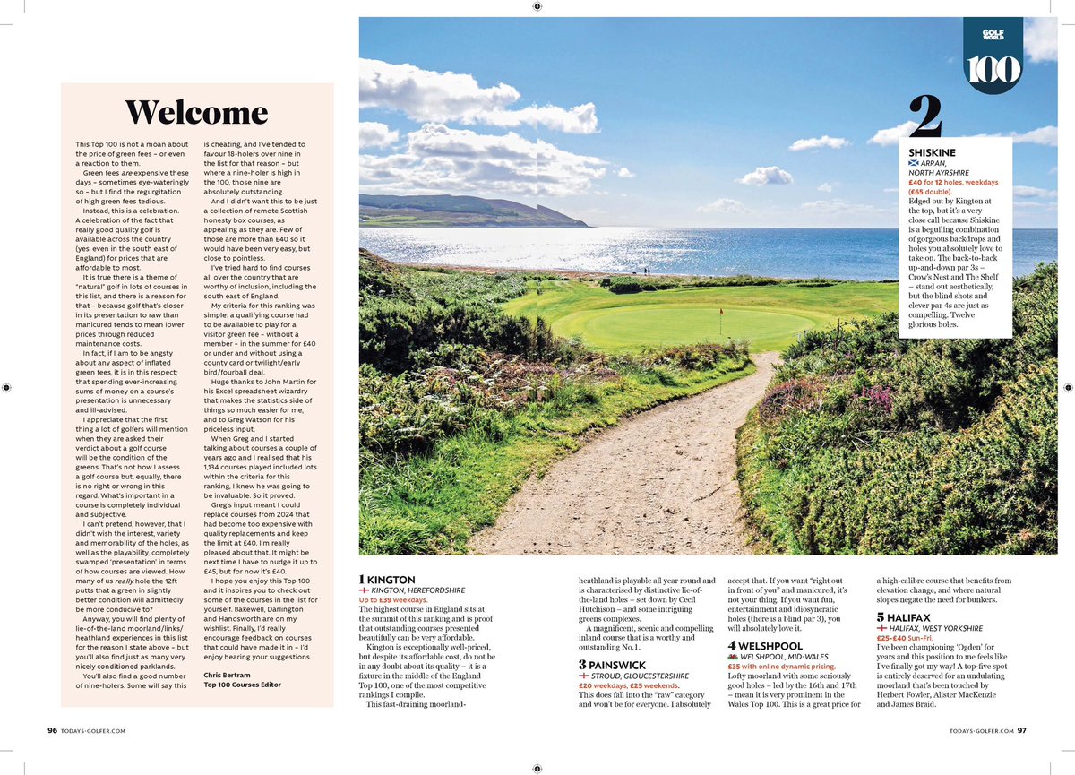 CJ_Bertram's tweet photo. Good golf isn’t always expensive. Here are the Top 100 Courses in GB&amp;I that are available for £40 or less this summer. 
No county cards, early birds or twilight deals. 
A list that’s increasingly hard to compile, but there’s loads of quality in the 100. 

What have I missed out? https://t.co/XhSKuwVttD
