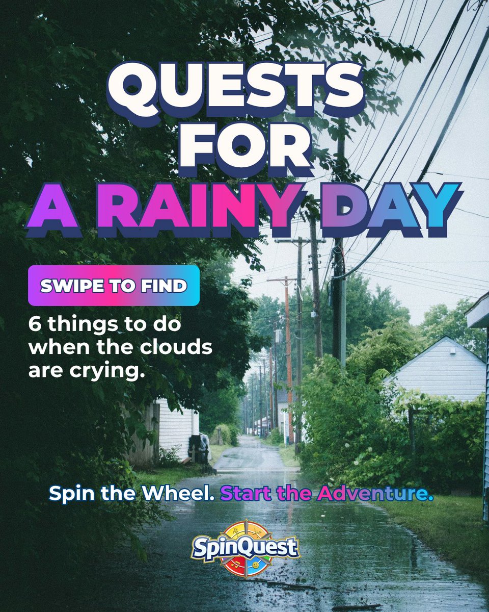 SpinQuestApp's tweet photo. 🌧️ Your Quest Awaits — rain day edition
When #clouds cry!
⛺ Indoor Blanket #Fort
🎭 Shadow #Puppet Theatre
📦 Rainy Day Time Capsule
🎡 Spin yours free at https://t.co/eoPA0Lccih — your next adventure is one spin away.
#Spin #RainyDay #Bored #IndoorActivity #jointhequest https://t.co/qgRBafcGsX