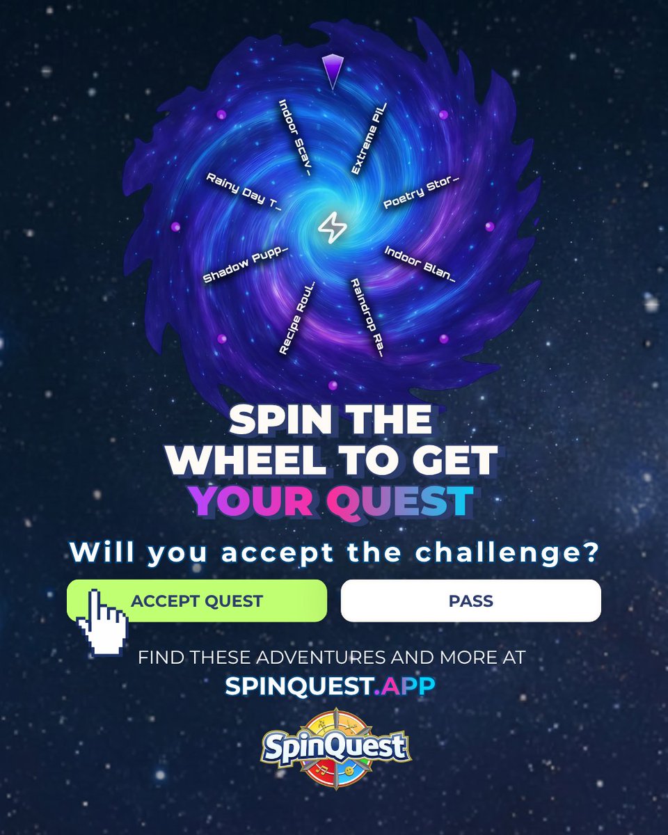 SpinQuestApp's tweet photo. 🌧️ Your Quest Awaits — rain day edition
When #clouds cry!
⛺ Indoor Blanket #Fort
🎭 Shadow #Puppet Theatre
📦 Rainy Day Time Capsule
🎡 Spin yours free at https://t.co/eoPA0Lccih — your next adventure is one spin away.
#Spin #RainyDay #Bored #IndoorActivity #jointhequest https://t.co/qgRBafcGsX