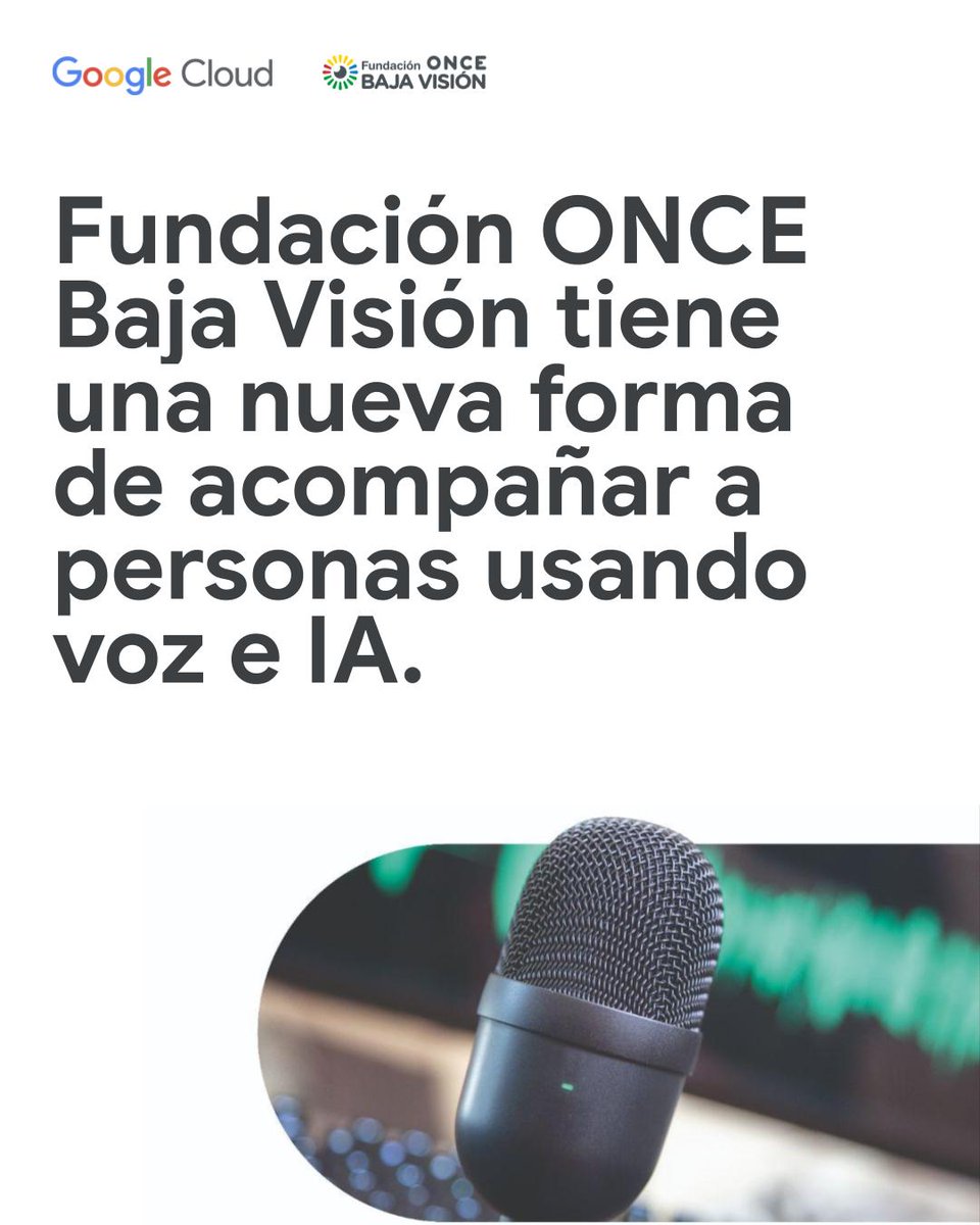 GoogleCloud_ES's tweet photo. @ODILO_ES 🤝 🗣️ Impulsando la accesibilidad y la inclusión:

🔹@Fundacion_ONCE conecta el talento con discapacidad y las empresas mediante un uso ético de la IA.
🔹 Fundación ONCE Baja Visión acompaña a personas con baja visión y mejorando su autonomía usando voz e IA. https://t.co/It1Fjlx0Hs