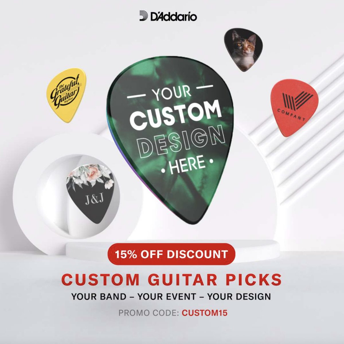 DaddarioandCo's tweet photo. 🚨FLASH SALE ALERT🚨

For a limited time D’Addario Custom Picks are 15% off, simply login to your Players Circle Account and add the code 'CUSTOM15' at checkout.

Design yours at: https://t.co/OlHcAtP3qH https://t.co/fmzyLFp2Wf
