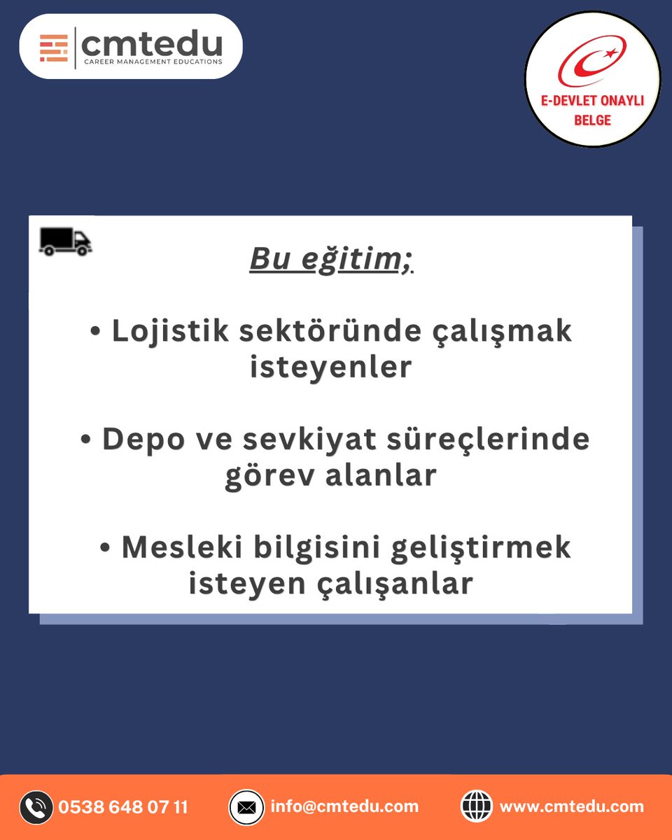 cmtedusoft's tweet photo. Lojistik denince akla sadece ürün taşımak geliyor olabilir. Oysa ki Tehlikeli ve Çok Tehlikeli İşlerde Lojistik Eğitimi ile #lojistik süreçleri, #depoyönetimi ve #işgüvenliği hakkında temel bilgiler edinebilirsiniz.

E-Devlet onaylı sertifikanızı alın.

https://t.co/KHEcxjbTV5 https://t.co/j9ijYZd8Gi