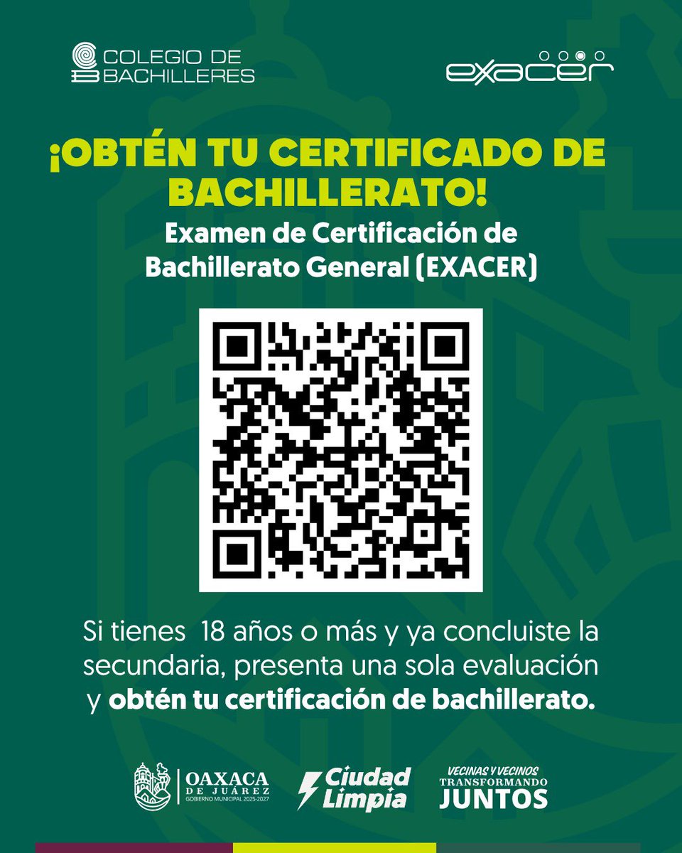 MunicipioOaxaca's tweet photo. 🎓📚 ¡Es momento de dar el siguiente paso!

Si tienes 18 años o más y ya concluiste la secundaria, puedes obtener tu certificado de bachillerato mediante el Examen de Certificación de Bachillerato General (EXACER).

Consulta los requisitos e información escaneando el código QR. https://t.co/n43e5on0ho