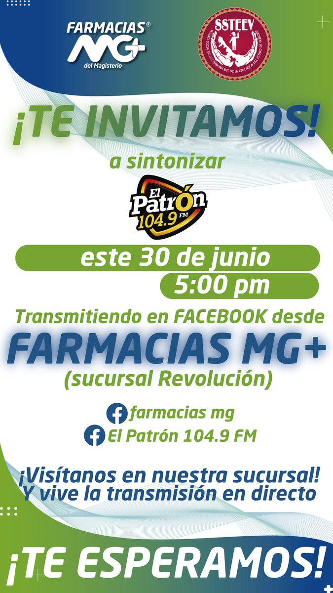 SSTEEV1's tweet photo. ESTIMADO DERECHOHABIENTE 
¡TE INVITAMOS!  
a sintonizar  @OlivaRadio1  
📅Hoy 30 de julio
⏰5:00 PM 

Transmitiendo desde Farmacias MG (sucursal Revolución) 

¡Visítanos en nuestra sucursal y vive la experiencia en directo! https://t.co/r6AaZkIdcj