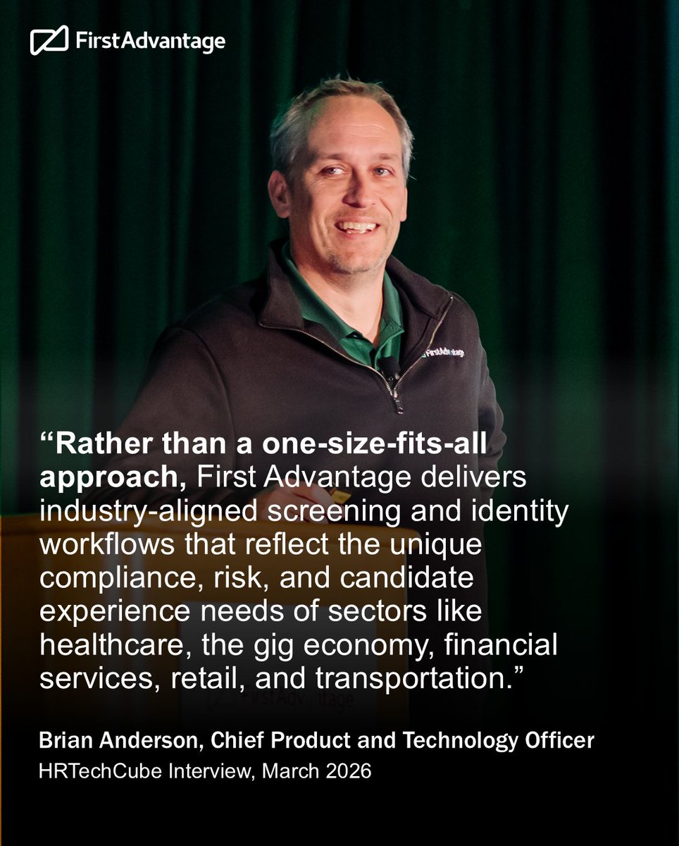 firstadvantage's tweet photo. Workplace expectations are shifting, and we're meeting that change. ✅ 

Brian Anderson, Chief Product and Technology Officer, shared with @HrTechCube how we continue to support employers and their employees in a rapidly evolving hiring landscape. https://t.co/FjwthogvKs