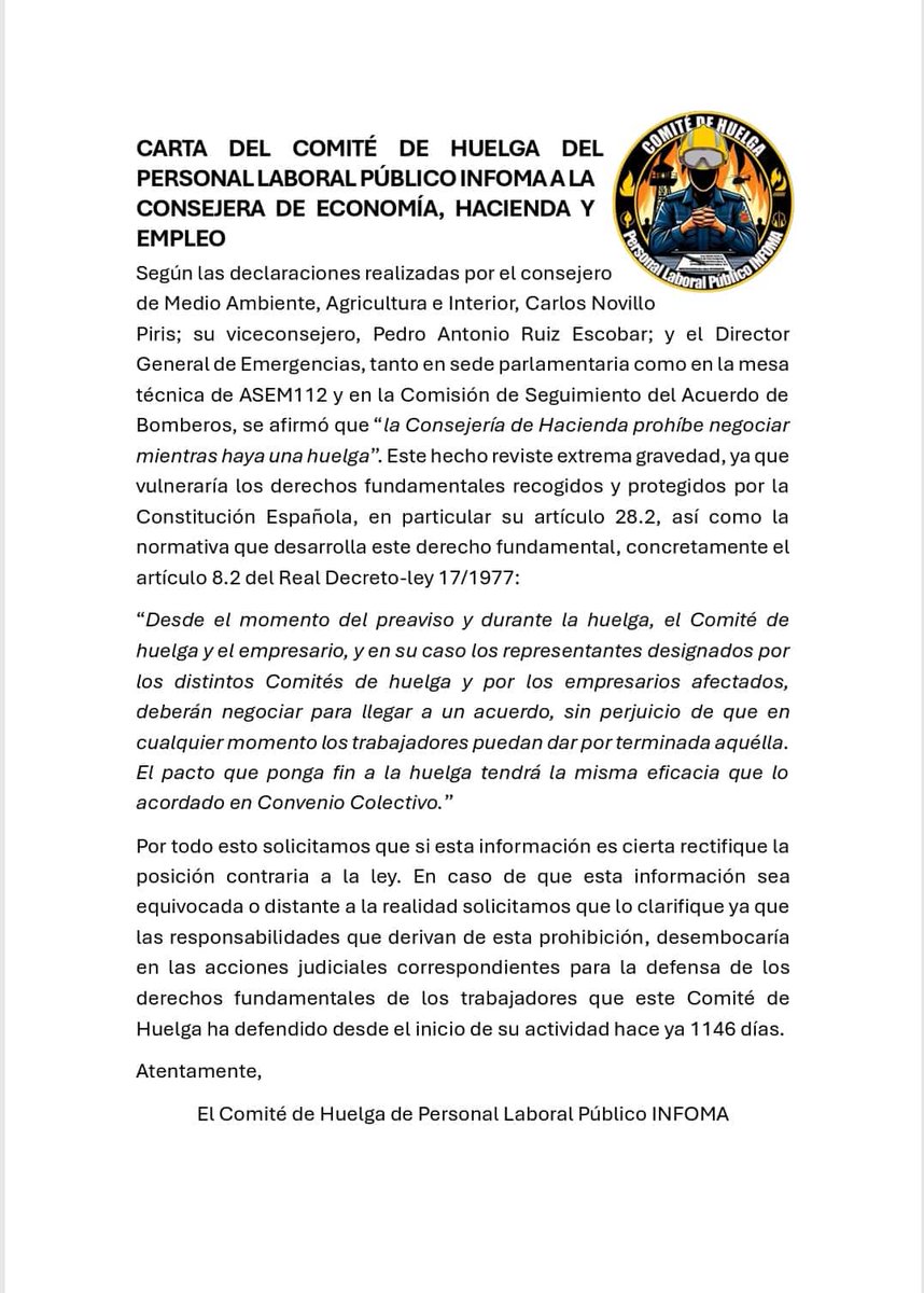 bomberos_infoma's tweet photo. Hola @blondieconomics hoy han estado a la puerta de su Consejería, los Bomberos Forestales públicos del Cuerpo de Bomberos de la Comunidad de Madrid.
Del Plan anual #INFOMA26
Se ha entregado una carta dirigida a usted, por si no se la hacen llegar, aquí la tiene y puede leer. https://t.co/hiqL1qbP6D