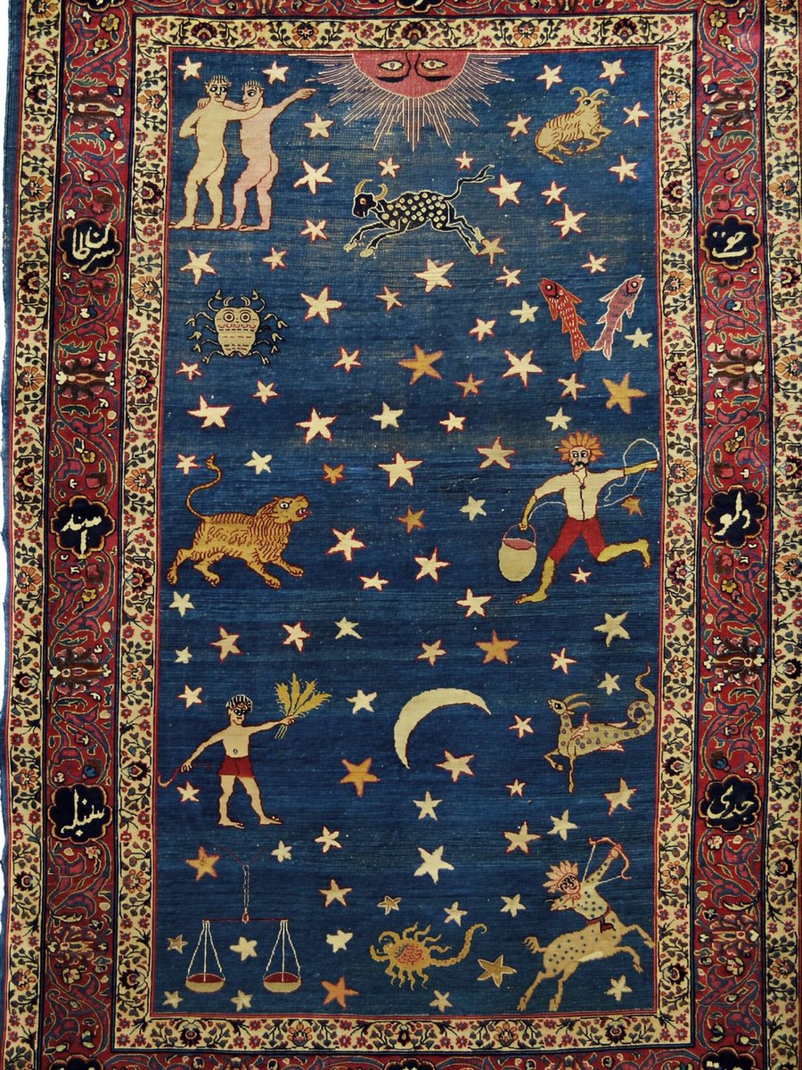 menavisualss's tweet photo. 🇮🇷 A Persian rug depicting the 12 signs of the Zodiac and the Sun Maiden (Khorshid Khanum). Southeastern Persia (Iran), private collection. Early 20th century.

Khorshid Khanum is a sun with a female face, a popular character in Persian art depicted at the top of the rug. https://t.co/5c4nKzWPMp