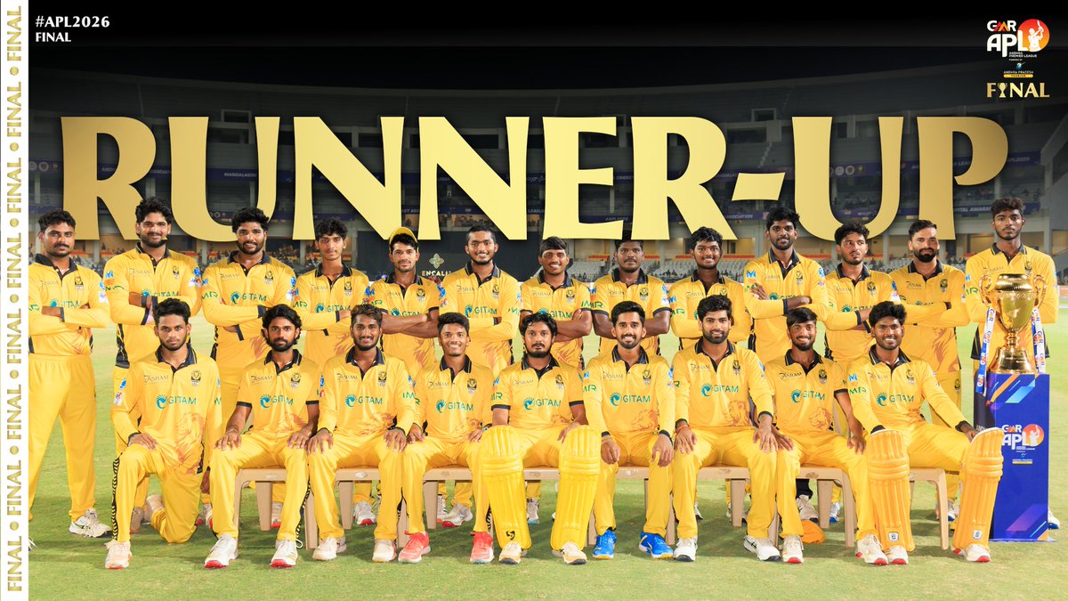 AndhraT20League's tweet photo. 🦁 A journey to remember. 👏
Simhadri Vizag Lions finish as the Runners-Up of APL 2026 after a remarkable campaign filled with grit and heart. 💛
Champions in spirit. Lions forever.
#SimhadriVizagLions #APL2026 #RunnersUp #APLFinal #AndhraPremierLeague https://t.co/KRvHp1rXVz