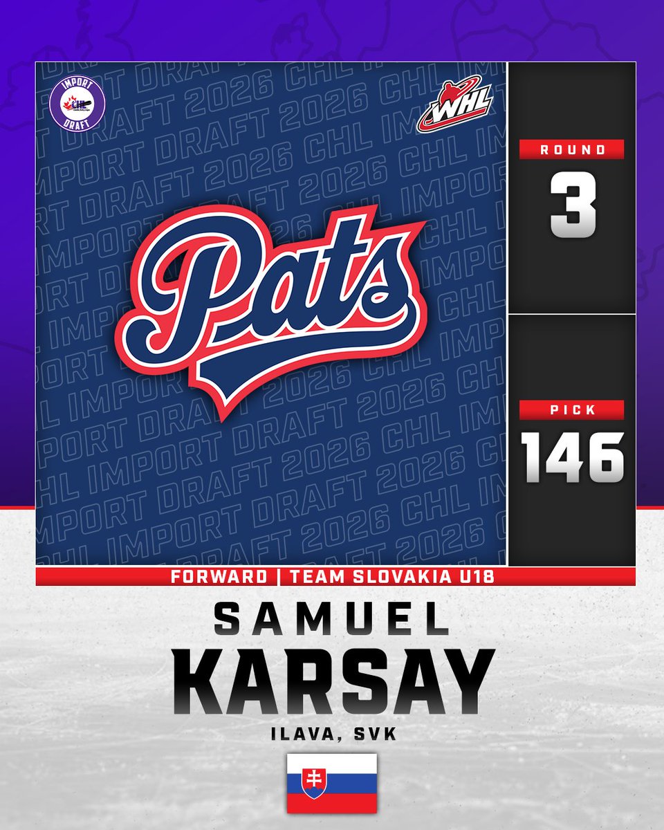 TheWHL's tweet photo. With the 146th-overall pick in the 2026 #CHLImportDraft, the @WHLPats select forward Samuel Karsay! https://t.co/OPpcx2WSW7
