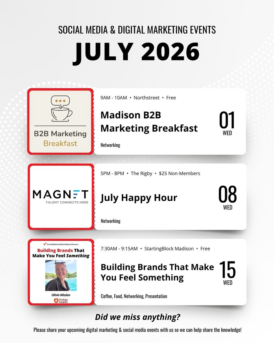 smbmad's tweet photo. July only has a few events. Check them out!

July 1 | Madison B2B Marketing Breakfast
https://t.co/kX5aSvkmFh

July 8 | July Happy Hour
https://t.co/kX5aSvkmFh
@madisonmagnet

July 15 | Building Brands That Make You Feel Something
https://t.co/stDPSGGRNm https://t.co/YhkPAfSu6l