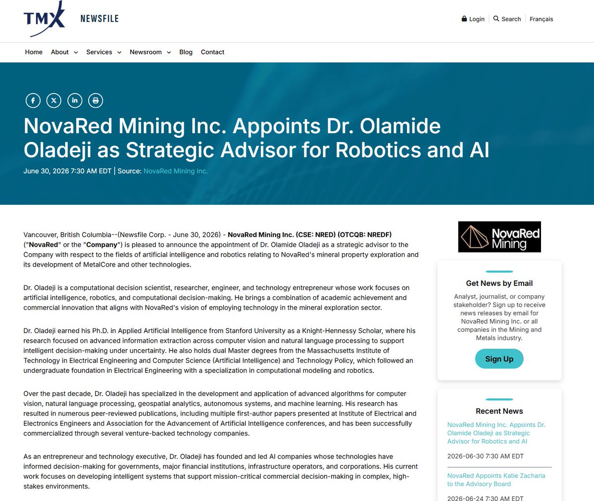 wvwzq79215444's tweet photo. NOVARED JUST BROUGHT ITS OWN MIT “TONY STARK” INTO THE AI-MINING STORY.

Tony Stark had MIT.

$NRED now has Dr. Olamide Oladeji advising MetalCore.

Forbes 30 Under 30, Stanford Applied AI Ph.D., Knight-Hennessy Scholar, dual MIT master’s, robotics, geospatial AI and machine learning under uncertainty.

This is the kind of advisor profile that makes the MetalCore story hit harder.

His mandate: AI-enabled mineral exploration, predictive geology, autonomous systems, resource optimization, environmental intelligence and enterprise-wide decision support.

Mining is turning into a data race.

NovaRed just added serious AI firepower.

$NRED / $NREDF

Not trading advice.

$AMD
$PCLA
$IBRX
$TEAM