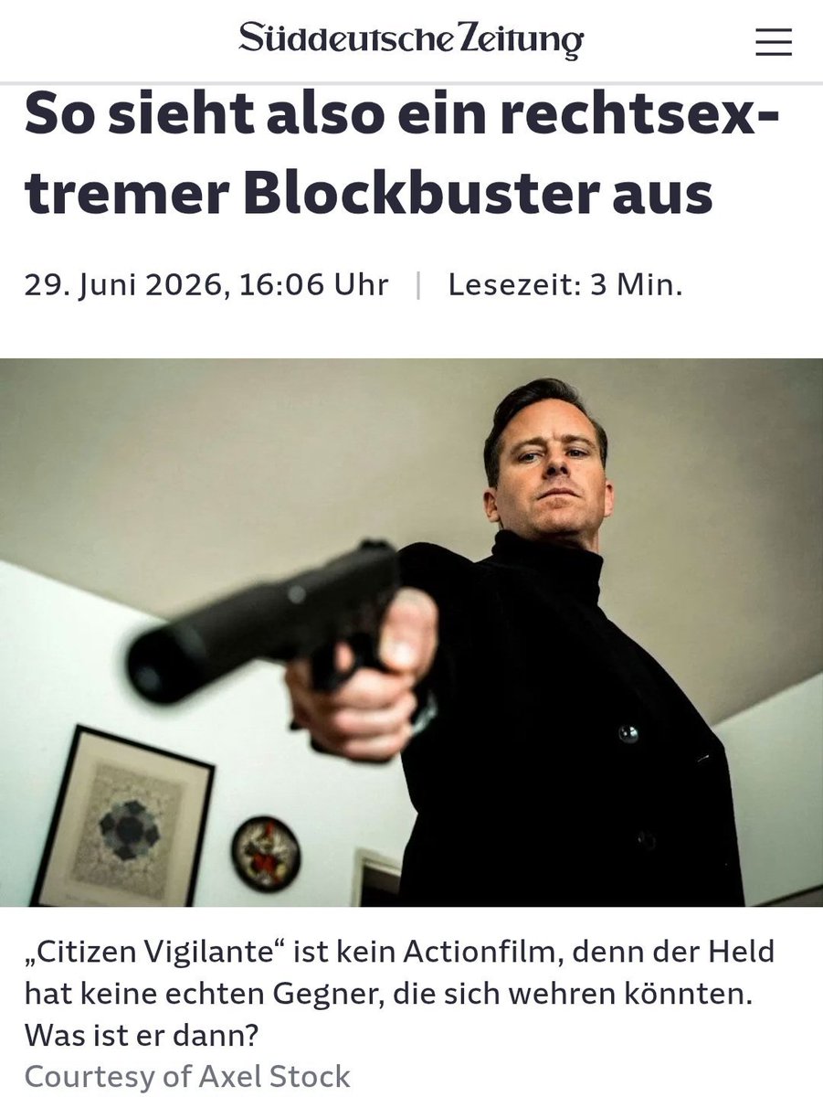 JOBhakdi's tweet photo. Süddeutsche Zeitung - one of many main stream, left-wing extremist media outlets in Germany - writes: 

"Citizen Vigilante is no Action movie, because the hero has no real opponents that could fight back."

Fact check on Vigilante's killed opponents:

1) 20 SWAT members with assault rifles, machine guns, armored vehicles and bullet proof vests 
2) 3 corrupt judges protect by vast armies of law enforcement  
3) 7 brutal rapists
4) 3 disgusting rapist supporters

Total count: 

20 heavily armed and aggressive 
3 evil bosses protected by the entire state apparatus
7 rapists military aged men
1 middle aged man who organizes rapists
2 women who encourage the rapists

Share of opponents who can't fight back: 

6%

(2 out of 33) 

Propagandistic Lie Level of Süddeutsche Zeitung: 

94%

German left-wing extremist mass-media doesn't lie the same way American media lies. It's not elegantly distorting reality or lying by omission. It's not re-defining words and tweaking reality. It is low-IQ and sloppy Holzhammer propaganda.