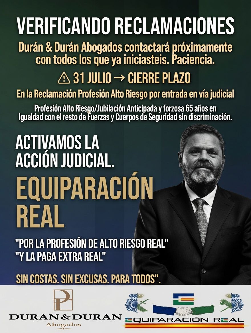 ERequiparacion's tweet photo. "No es una opción, es un derecho. 💪🫂🟩🟦👮‍♂️👮‍♂️Gracias @DuranAbogados @mdurancampos @maduranabogado por liderar esta batalla jurídica junto a nosotros; vuestro compromiso es clave en este paso definitivo.

​📽️ Escucha a Miguel Durán: esto no es un privilegio, es pura justicia. Si eres PN o GC, este es el momento de reclamar lo que es tuyo. ¡Nadie se queda fuera!

⚖️ ➡️ 📝​La reclamación sigue abierta para todos los compañeros: nadie se queda atrás. Por una Equiparación REAL y la justicia que merecemos.

ℹ️ ​Infórmate aquí: [Enlace a la web/instrucciones] 👇
https://t.co/agSe0Rv5lN

​#EquiparaciónREAL
#ProfesiónAltoRiesgo 
#JubilaciónREAL 
#PagaExtraREAL 

@eltorotv
@josejavierespa
@rintereconomia
@okdiario
@rosalina_mb
👮‍♀️👮‍♂️🟩🟦⚖️🇪🇸🇪🇺