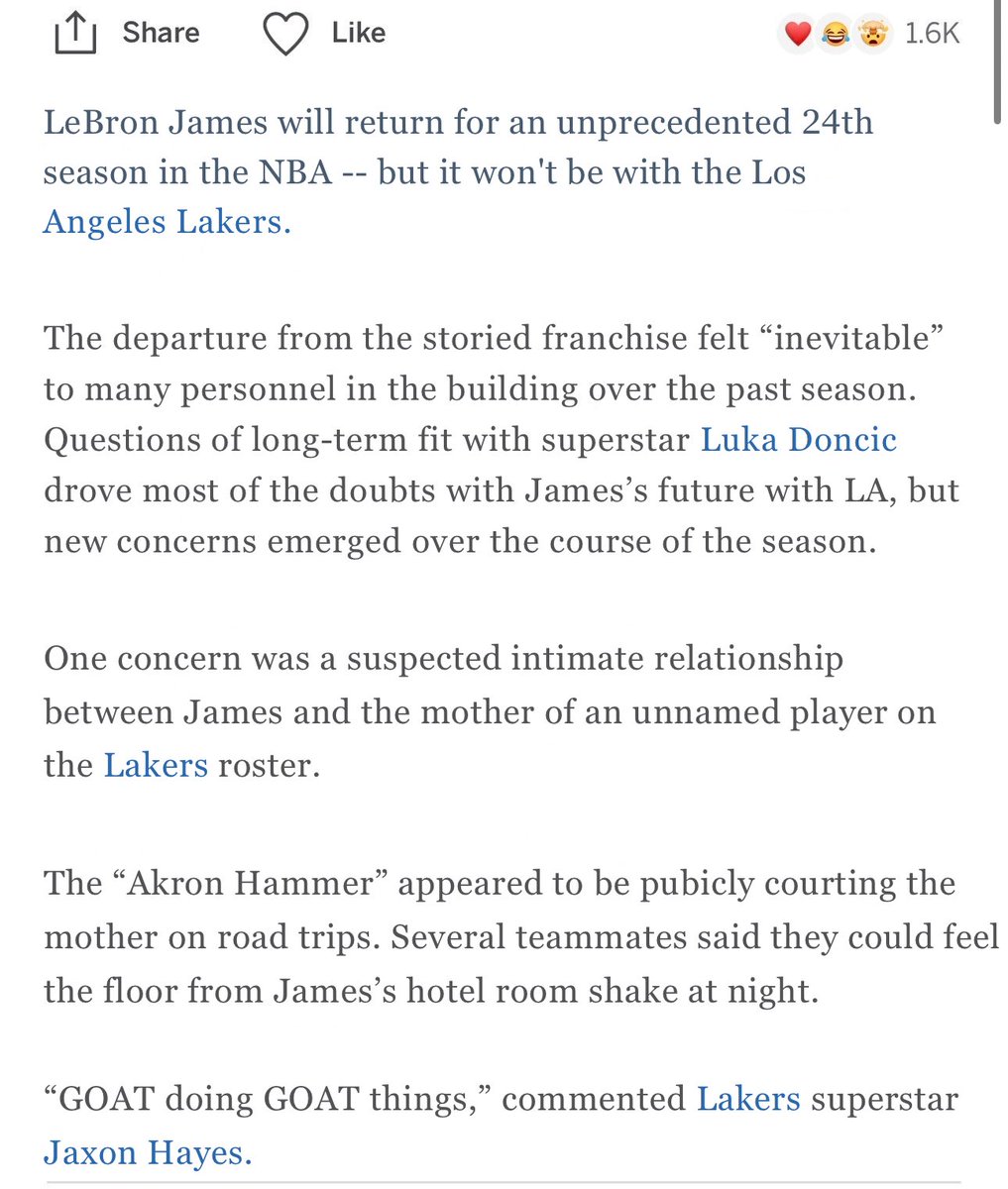 BallsackSports's tweet photo. The Lakers suspected that LeBron James was intimate with the mother of a younger teammate during the latter years of his tenure in LA, per report.

James reportedly had the unnamed teammate’s mother “gripping the sheets” at the team hotel several nights last fall.

Woah. https://t.co/BnIZ7D7veh