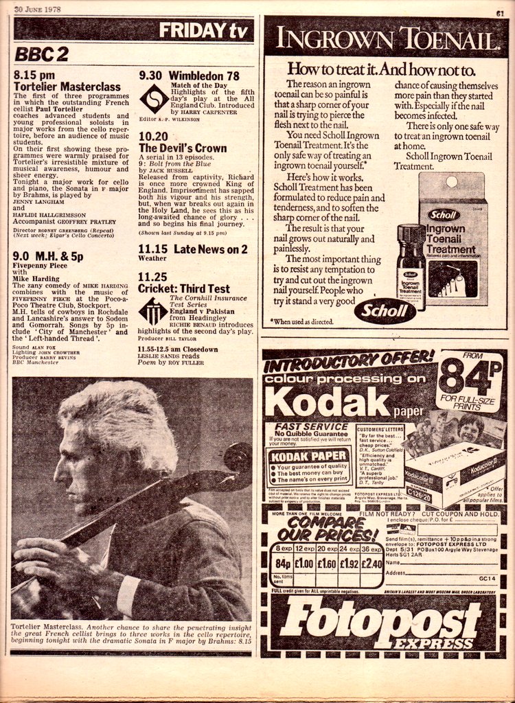 TV📺30/6/78 BBC1 1.55:Wimbledon 4.20:Play School 4.45:It's the