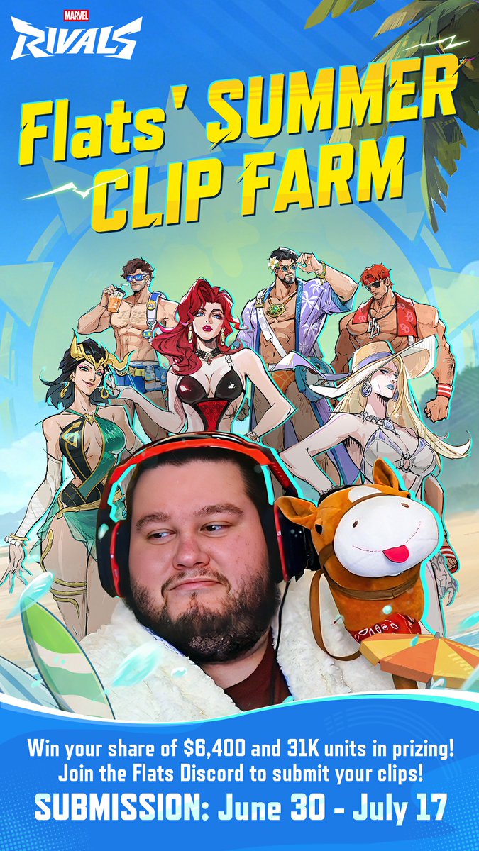 Flats_OW's tweet photo. I'M EXCITED TO ANNOUNCE THE FLATS SUMMER CLIP FARM!! #ad

The theme of the event is your best Marvel Rivals clips in the summer swimsuits

Share your best clips using these skins for a chance to win cash prizes and gift codes

Entry from June 30th to July 16th
Prize pool: $6400 + 31K Units

Full rules and how to enter below! 

@MarvelRivals