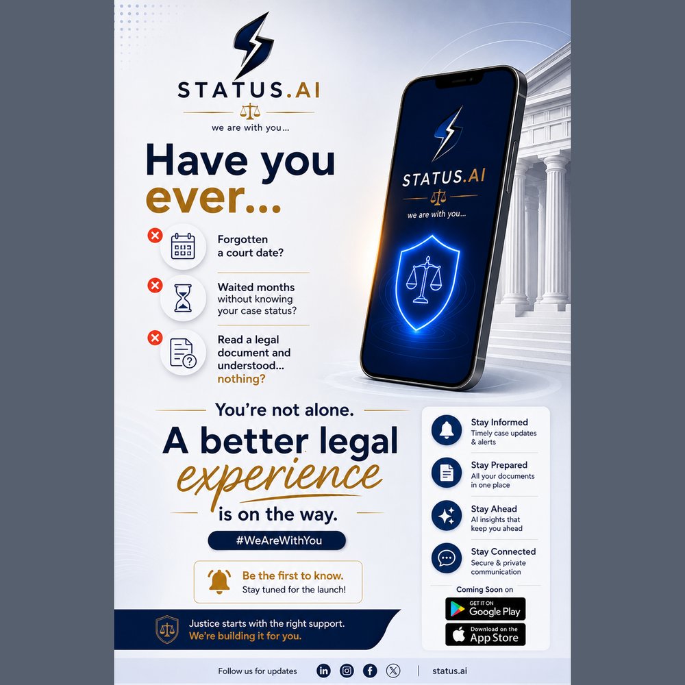 altairglobalai's tweet photo. The legal system is evolving.
So should the way you experience it.
We Are With You
#WeAreWithYou #StatusAI #LegalTech #JusticeForAll #LegalInnovation #India #Lawyers #Litigants #LegalAI #LegalWorkspace #ecourts #Communication https://t.co/abQix0Vhst