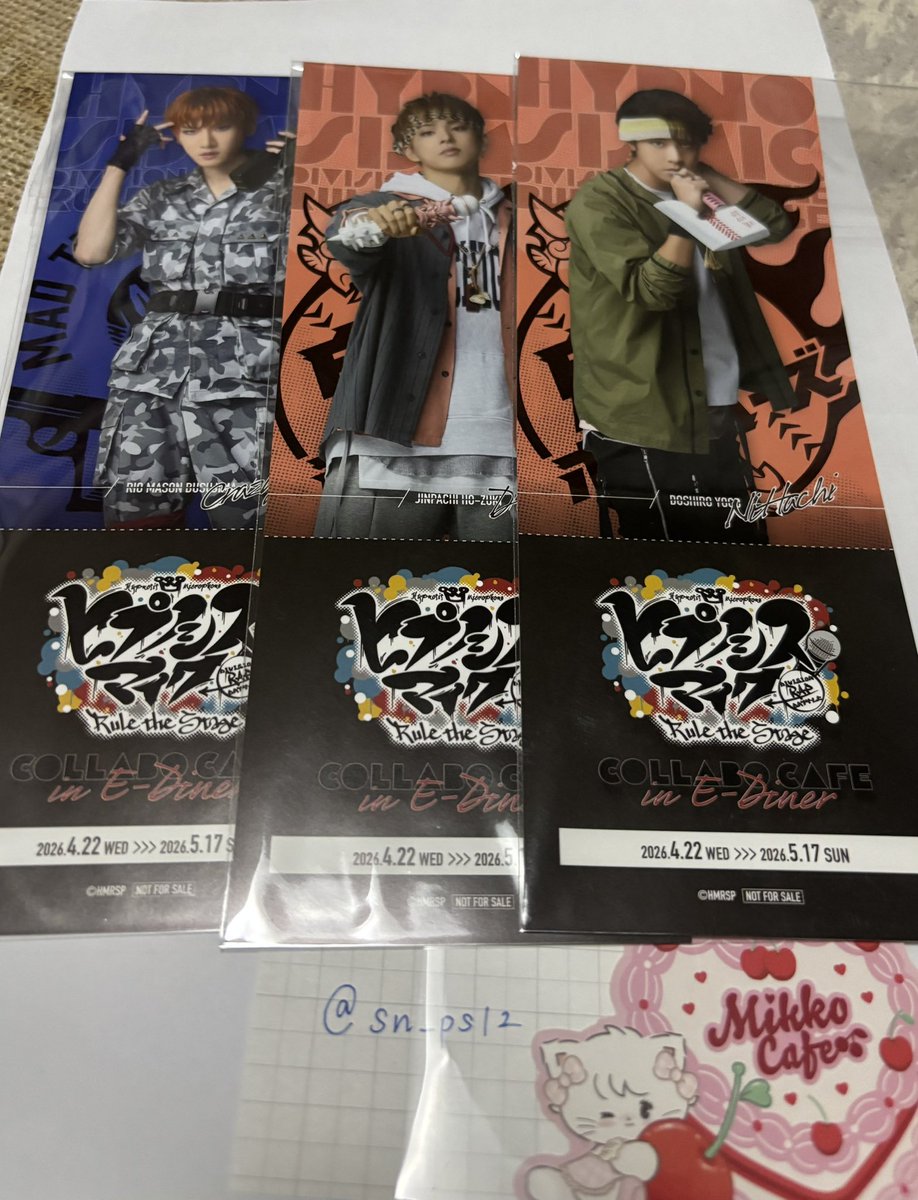 sn_ps12's tweet photo. 【交換 譲渡】ヒプステ E-DINER コラボ カフェ ステッカー 購入特典 ダミチケ

（譲）一郎✩、二郎、三郎、甚八、正宗、道四郎、左馬刻✩、理鶯

（求）銃兎 ＞ 定価+送料
ダミチケは3:1も可

郵送での交換優先、検索からでもお気軽にお声掛けください https://t.co/0yVtjL0eWe