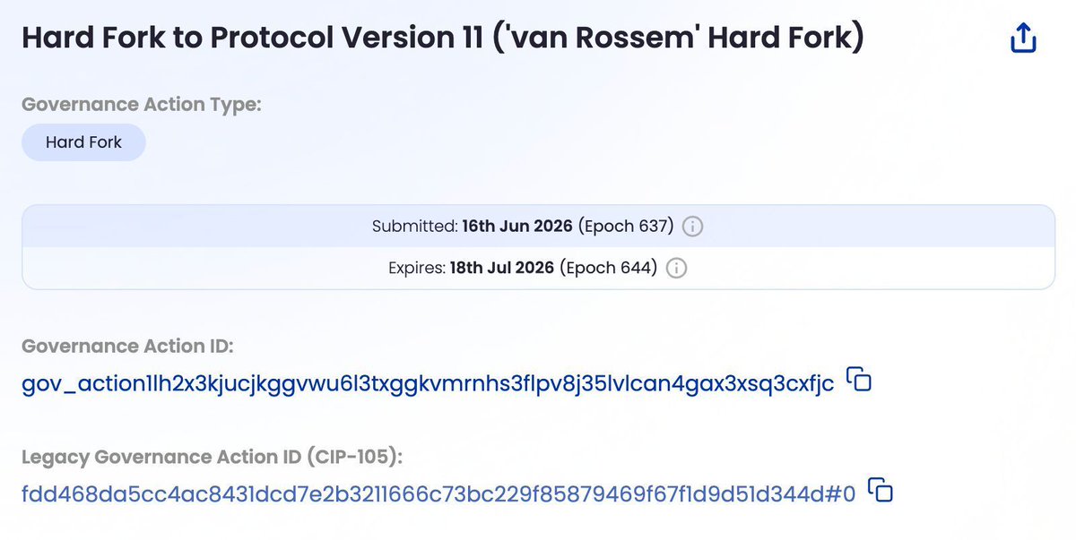 IntersectMBO's tweet photo. van Rossem hard fork update 🍴 

The Hard Fork Working Group (HFWG) today, June 30, voted in favour of a formal recommendation for ratification of the hard fork initiation action following a review of the recent ecosystem readiness numbers.

- 89% of block production currently on node version 11 for epoch 640 [Source: Pooltool]

- 80.15% exchange readiness by liquidity [Source: Cexplorer]

Voting progress:
✅️ DReps: 64.78% / 60%
⏳️ SPOs: 36% / 51%
⏳️ CC: 1 constitutional, 6 yet to vote
[Source: AdaStat]

https://t.co/2yP6cCI1VS
