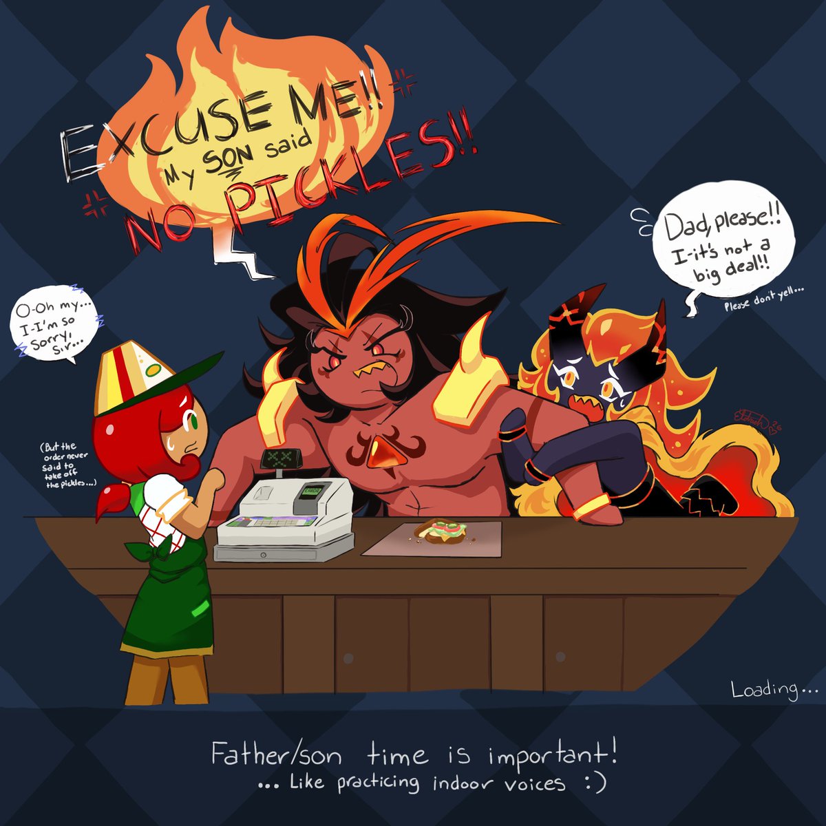 EldrichOfVoid's tweet photo. My entry for #thartsday hosted by @LikelyaDragon !!
Papa Spice and Capsaicin ordering sandwiches :)

#burningspicecookie #capsaicincookie #sandwichcookie https://t.co/5tZy5w8J6j
