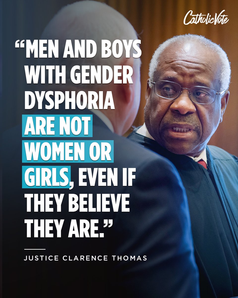 CatholicVote's tweet photo. Justice Clarence Thomas concurred with the ruling in Little v. Hecox and West Virginia v. B.P.J., which upheld Idaho and West Virginia laws banning male athletes from competing in women’s sports. https://t.co/cXGxAYvyTr