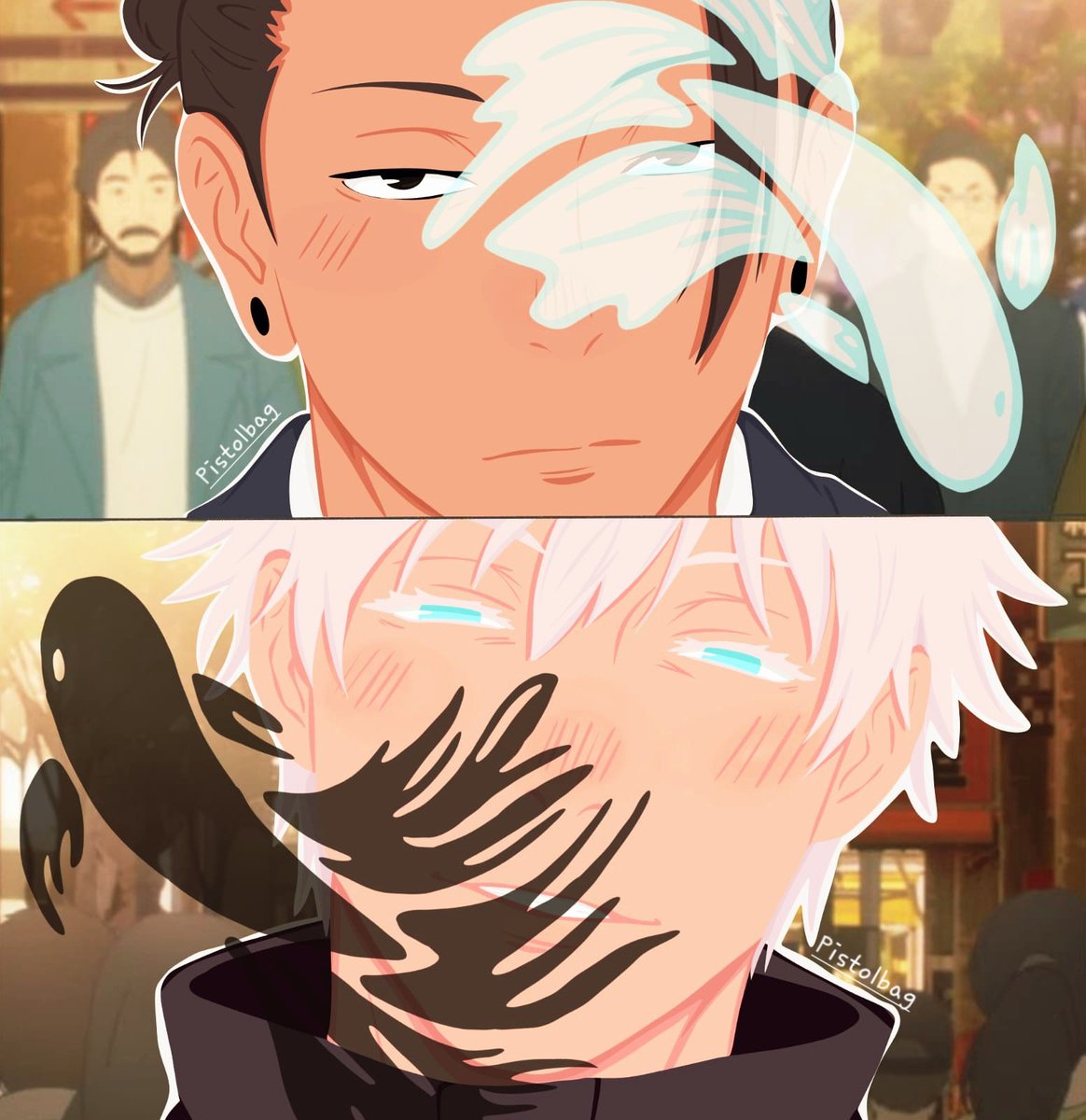 Just_a_ace_'s tweet photo. "Tell me, why are you looking at me like that?" 

In honor of last Pride Day.

(Version without background or details in the comments.)

#jjk #satosugu #gojo #geto https://t.co/PqssLASJSd