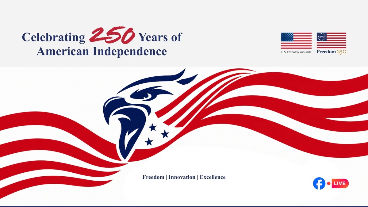 USEmbYaounde's tweet photo. Join us July 2 at 6:30 P.M. for @Freedom250 live stream, celebrating the United States' 250th Independence Day! Experience a beloved tradition as we celebrate this milestone as a nation.

Facebook Event 👉 https://t.co/2DJ2t1uXcT
#Freedom250 https://t.co/60GNQIUPJE