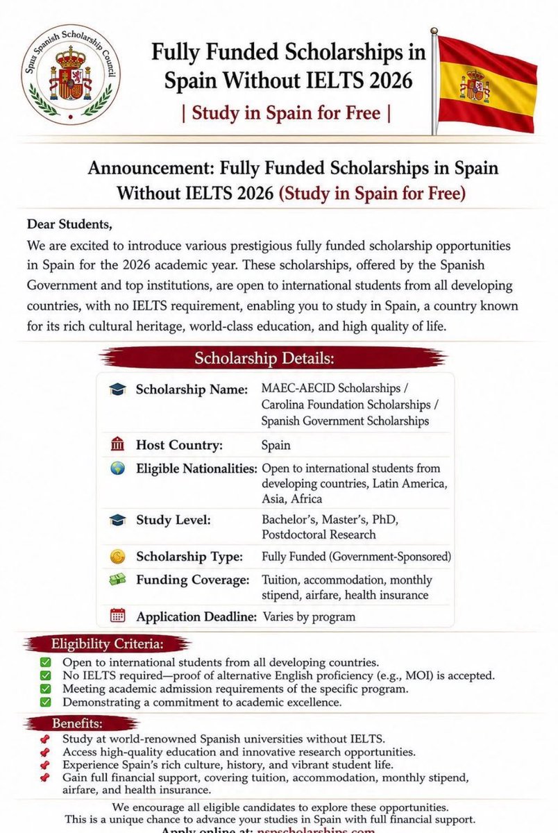 dranthoniaeddo's tweet photo. Fully funded scholarship to study in Spain without IELTS 2026 ! Move abroad for free ! 

Do you need help in applying ? Tell me in the comments section ! https://t.co/fkFlpJUdCZ