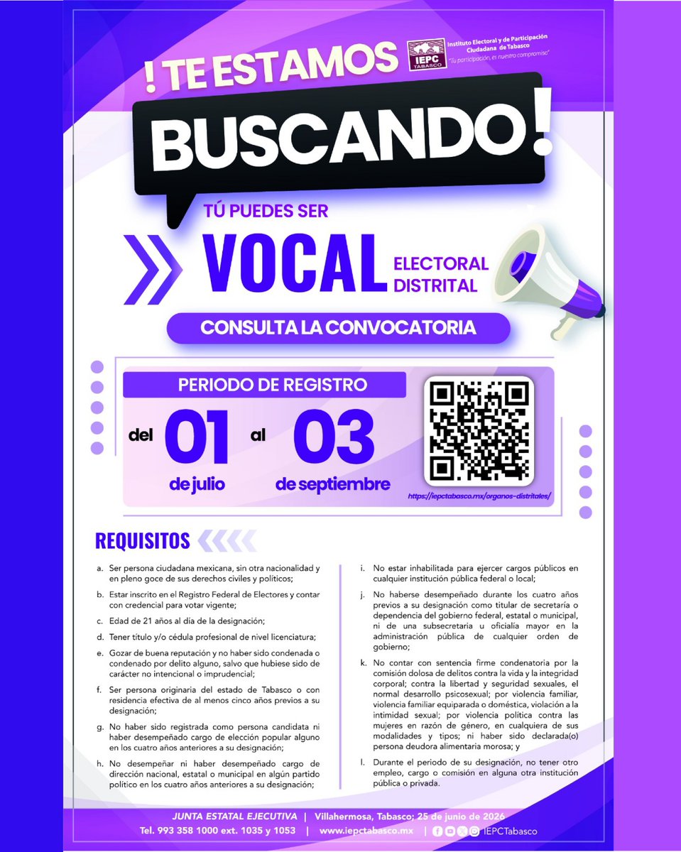 IEPCTabasco's tweet photo. 📢 ¡Ya está disponible la convocatoria!

El IEPC   Tabasco te invita a participar en el proceso de selección para integrar   las Vocalías Electorales Distritales del Proceso Electoral Local   Ordinario 2026-2027.

🗓 Registro abierto: del 1 de julio al 3   de septiembre de 2026.

📲 Consulta la convocatoria y regístrate en:
 https://t.co/tFX5S0Ywsp
✅ Forma parte del fortalecimiento de la democracia en Tabasco.

"Tu participación, es nuestro compromiso"

https://t.co/RbWgyIxj6j
#IEPCTabasco