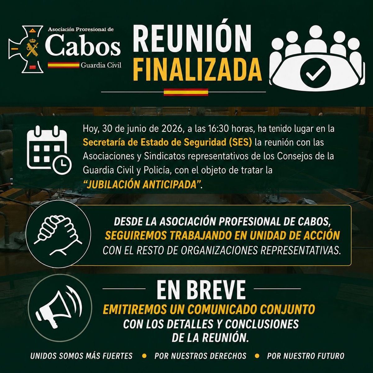 apcabos's tweet photo. 🚨 Reunión finalizada 🚨

Hoy (30/06),la Secretaría de Estado se ha reunido con las asociaciones y sindicatos representativos de los Consejos de la Guardia Civil y Policía para abordar la #JubilaciónAnticipada.

🤝 Desde @apcabos trabajamos en unidad de acción con el resto de organizaciones.

📢 En breve emitiremos un comunicado conjunto con los detalles y conclusiones.

#GuardiaCivil #APC #Derechos #Unidad